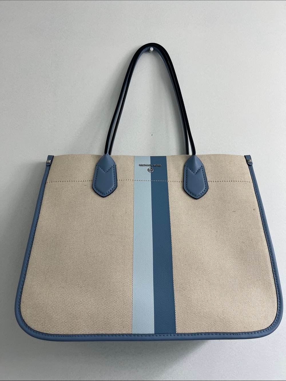 Michael Kors Beige Canvas Tote with Blue Stripes and Blue Trim